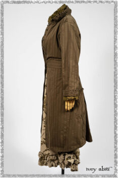 Mathilda Coat Dress in Woodlawn Variegated Stripe Weave; Canterbury Frock in Woodlawn Floral Washed Linen. Ivey Abitz bespoke clothing.
