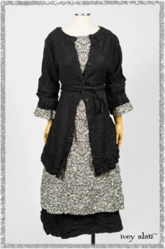 Mewland Jacket in Black Washed Crinkled Linen; Tollie Dress in Ethereal Cream and Black Fleur Stretch Cotton; Mewland Skirt in Black Washed Crinkled Linen. Ivey Abitz bespoke clothing.