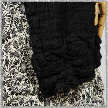 Mewland Jacket in Black Washed Crinkled Linen; Tollie Dress in Ethereal Cream and Black Fleur Stretch Cotton; Mewland Skirt in Black Washed Crinkled Linen. Ivey Abitz bespoke clothing.