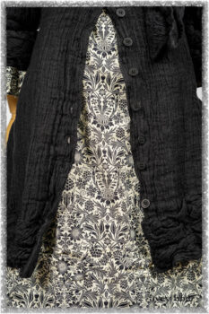 Mewland Jacket in Black Washed Crinkled Linen; Tollie Dress in Ethereal Cream and Black Fleur Stretch Cotton; Mewland Skirt in Black Washed Crinkled Linen. Ivey Abitz bespoke clothing.