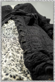 Mewland Jacket in Black Washed Crinkled Linen; Tollie Dress in Ethereal Cream and Black Fleur Stretch Cotton; Mewland Skirt in Black Washed Crinkled Linen. Ivey Abitz bespoke clothing.