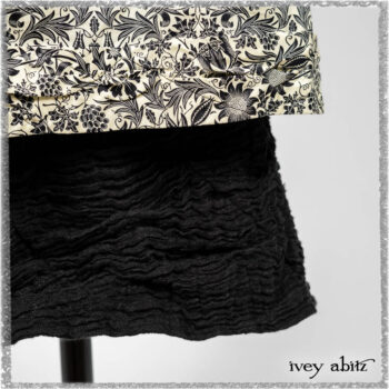 Mewland Jacket in Black Washed Crinkled Linen; Tollie Dress in Ethereal Cream and Black Fleur Stretch Cotton; Mewland Skirt in Black Washed Crinkled Linen. Ivey Abitz bespoke clothing.