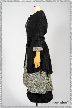Mewland Jacket in Black Washed Crinkled Linen; Tollie Dress in Ethereal Cream and Black Fleur Stretch Cotton; Mewland Skirt in Black Washed Crinkled Linen. Ivey Abitz bespoke clothing.
