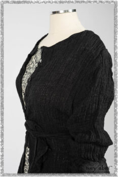 Mewland Jacket in Black Washed Crinkled Linen; Tollie Dress in Ethereal Cream and Black Fleur Stretch Cotton; Mewland Skirt in Black Washed Crinkled Linen. Ivey Abitz bespoke clothing.