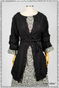 Mewland Jacket in Black Washed Crinkled Linen; Tollie Dress in Ethereal Cream and Black Fleur Stretch Cotton; Mewland Skirt in Black Washed Crinkled Linen. Ivey Abitz bespoke clothing.