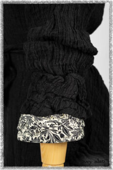 Mewland Jacket in Black Washed Crinkled Linen; Tollie Dress in Ethereal Cream and Black Fleur Stretch Cotton; Mewland Skirt in Black Washed Crinkled Linen. Ivey Abitz bespoke clothing.