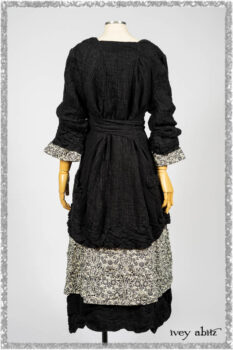 Mewland Jacket in Black Washed Crinkled Linen; Tollie Dress in Ethereal Cream and Black Fleur Stretch Cotton; Mewland Skirt in Black Washed Crinkled Linen. Ivey Abitz bespoke clothing.