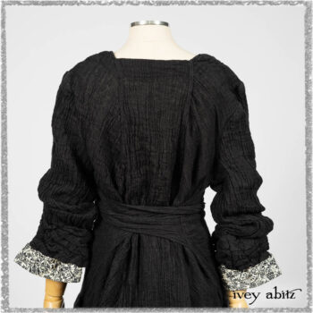 Mewland Jacket in Black Washed Crinkled Linen; Tollie Dress in Ethereal Cream and Black Fleur Stretch Cotton; Mewland Skirt in Black Washed Crinkled Linen. Ivey Abitz bespoke clothing.
