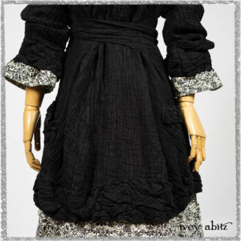 Mewland Jacket in Black Washed Crinkled Linen; Tollie Dress in Ethereal Cream and Black Fleur Stretch Cotton; Mewland Skirt in Black Washed Crinkled Linen. Ivey Abitz bespoke clothing.