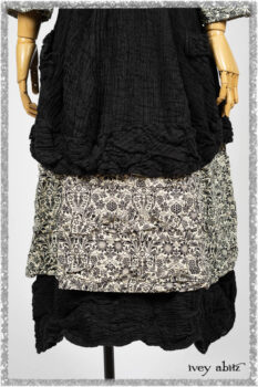 Mewland Jacket in Black Washed Crinkled Linen; Tollie Dress in Ethereal Cream and Black Fleur Stretch Cotton; Mewland Skirt in Black Washed Crinkled Linen. Ivey Abitz bespoke clothing.