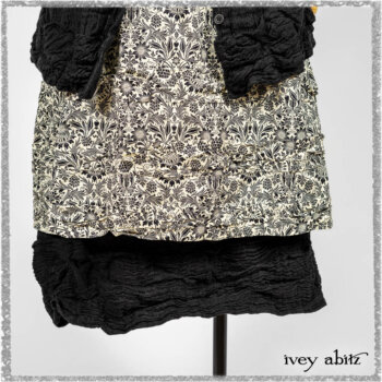 Mewland Jacket in Black Washed Crinkled Linen; Tollie Dress in Ethereal Cream and Black Fleur Stretch Cotton; Mewland Skirt in Black Washed Crinkled Linen. Ivey Abitz bespoke clothing.