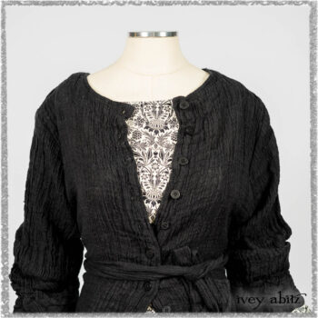 Mewland Jacket in Black Washed Crinkled Linen; Tollie Dress in Ethereal Cream and Black Fleur Stretch Cotton; Mewland Skirt in Black Washed Crinkled Linen. Ivey Abitz bespoke clothing.