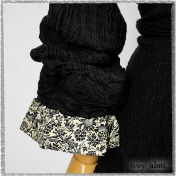 Mewland Jacket in Black Washed Crinkled Linen; Tollie Dress in Ethereal Cream and Black Fleur Stretch Cotton; Mewland Skirt in Black Washed Crinkled Linen. Ivey Abitz bespoke clothing.