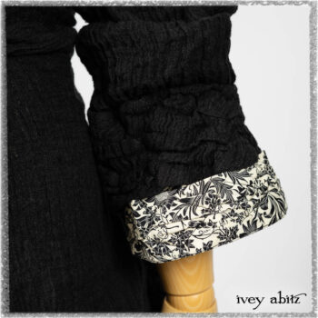 Mewland Jacket in Black Washed Crinkled Linen; Tollie Dress in Ethereal Cream and Black Fleur Stretch Cotton; Mewland Skirt in Black Washed Crinkled Linen. Ivey Abitz bespoke clothing.