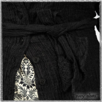 Mewland Jacket in Black Washed Crinkled Linen; Tollie Dress in Ethereal Cream and Black Fleur Stretch Cotton; Mewland Skirt in Black Washed Crinkled Linen. Ivey Abitz bespoke clothing.