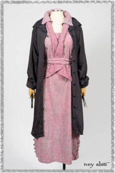 Viv Coat Dress in National Seashore Pinstripe Voile; Clotaire Sash in Red Sky at Night Yarn Dyed Weave; Viv Frock in Red Sky at Night Stripe. Ivey Abitz bespoke clothing.