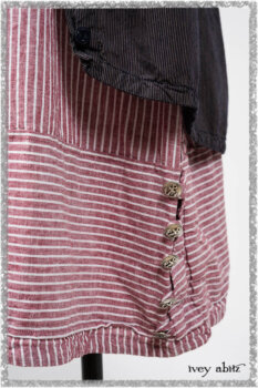Viv Coat Dress in National Seashore Pinstripe Voile; Clotaire Sash in Red Sky at Night Yarn Dyed Weave; Viv Frock in Red Sky at Night Stripe. Ivey Abitz bespoke clothing.