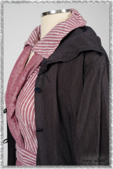 Viv Coat Dress in National Seashore Pinstripe Voile; Clotaire Sash in Red Sky at Night Yarn Dyed Weave; Viv Frock in Red Sky at Night Stripe. Ivey Abitz bespoke clothing.