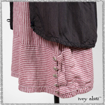 Viv Coat Dress in National Seashore Pinstripe Voile; Clotaire Sash in Red Sky at Night Yarn Dyed Weave; Viv Frock in Red Sky at Night Stripe. Ivey Abitz bespoke clothing.