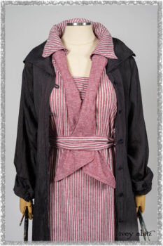 Viv Coat Dress in National Seashore Pinstripe Voile; Clotaire Sash in Red Sky at Night Yarn Dyed Weave; Viv Frock in Red Sky at Night Stripe. Ivey Abitz bespoke clothing.