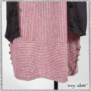 Viv Coat Dress in National Seashore Pinstripe Voile; Clotaire Sash in Red Sky at Night Yarn Dyed Weave; Viv Frock in Red Sky at Night Stripe. Ivey Abitz bespoke clothing.