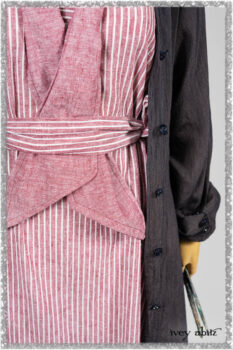 Viv Coat Dress in National Seashore Pinstripe Voile; Clotaire Sash in Red Sky at Night Yarn Dyed Weave; Viv Frock in Red Sky at Night Stripe. Ivey Abitz bespoke clothing.