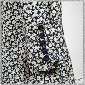 Viv Coat Dress in National Seashore Floral Jacquard; Viv Coat Dress in National Seashore Pinstripe Voile; Pierrepont Breeches-Leggings in National Seashore Washed Ribbed Knit. Ivey Abitz bespoke clothing.