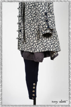 Viv Coat Dress in National Seashore Floral Jacquard; Viv Coat Dress in National Seashore Pinstripe Voile; Pierrepont Breeches-Leggings in National Seashore Washed Ribbed Knit. Ivey Abitz bespoke clothing.