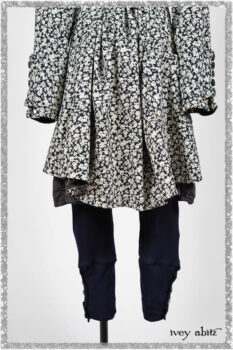 Viv Coat Dress in National Seashore Floral Jacquard; Viv Coat Dress in National Seashore Pinstripe Voile; Pierrepont Breeches-Leggings in National Seashore Washed Ribbed Knit. Ivey Abitz bespoke clothing.