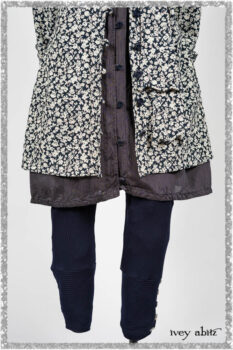 Viv Coat Dress in National Seashore Floral Jacquard; Viv Coat Dress in National Seashore Pinstripe Voile; Pierrepont Breeches-Leggings in National Seashore Washed Ribbed Knit. Ivey Abitz bespoke clothing.