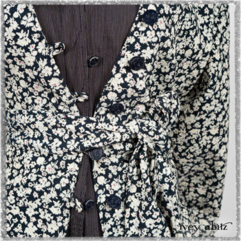 Viv Coat Dress in National Seashore Floral Jacquard; Viv Coat Dress in National Seashore Pinstripe Voile; Pierrepont Breeches-Leggings in National Seashore Washed Ribbed Knit. Ivey Abitz bespoke clothing.