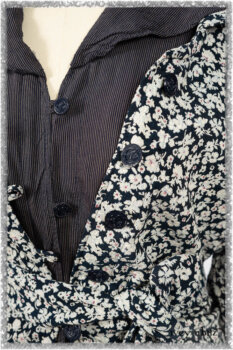 Viv Coat Dress in National Seashore Floral Jacquard; Viv Coat Dress in National Seashore Pinstripe Voile; Pierrepont Breeches-Leggings in National Seashore Washed Ribbed Knit. Ivey Abitz bespoke clothing.