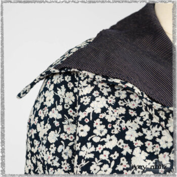 Viv Coat Dress in National Seashore Floral Jacquard; Viv Coat Dress in National Seashore Pinstripe Voile; Pierrepont Breeches-Leggings in National Seashore Washed Ribbed Knit. Ivey Abitz bespoke clothing.