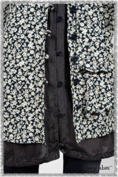 Viv Coat Dress in National Seashore Floral Jacquard; Viv Coat Dress in National Seashore Pinstripe Voile; Pierrepont Breeches-Leggings in National Seashore Washed Ribbed Knit. Ivey Abitz bespoke clothing.