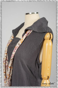 Viv Frock in Anchor Grey and Plum Washed Check; Fairholme Sash in Ethereal Floral Cotton Voile. Ivey Abitz bespoke clothing.