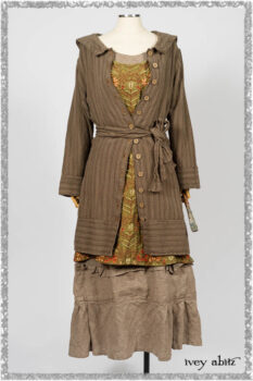 Hudson Duster Coat in Earthen Embroidered Stripe Gauze; River Frock in Woodlawn Vine Embroidered Washed Silk; Hudson Frock in Earthen Washed Stripe Linen. Ivey Abitz bespoke clothing.