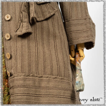 Hudson Duster Coat in Earthen Embroidered Stripe Gauze; River Frock in Woodlawn Vine Embroidered Washed Silk; Hudson Frock in Earthen Washed Stripe Linen. Ivey Abitz bespoke clothing.