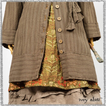 Hudson Duster Coat in Earthen Embroidered Stripe Gauze; River Frock in Woodlawn Vine Embroidered Washed Silk; Hudson Frock in Earthen Washed Stripe Linen. Ivey Abitz bespoke clothing.