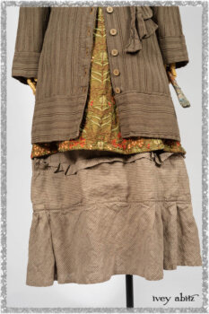 Hudson Duster Coat in Earthen Embroidered Stripe Gauze; River Frock in Woodlawn Vine Embroidered Washed Silk; Hudson Frock in Earthen Washed Stripe Linen. Ivey Abitz bespoke clothing.