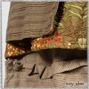 Hudson Duster Coat in Earthen Embroidered Stripe Gauze; River Frock in Woodlawn Vine Embroidered Washed Silk; Hudson Frock in Earthen Washed Stripe Linen. Ivey Abitz bespoke clothing.