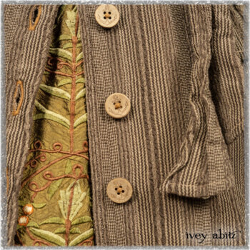 Hudson Duster Coat in Earthen Embroidered Stripe Gauze; River Frock in Woodlawn Vine Embroidered Washed Silk; Hudson Frock in Earthen Washed Stripe Linen. Ivey Abitz bespoke clothing.