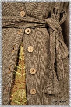 Hudson Duster Coat in Earthen Embroidered Stripe Gauze; River Frock in Woodlawn Vine Embroidered Washed Silk; Hudson Frock in Earthen Washed Stripe Linen. Ivey Abitz bespoke clothing.