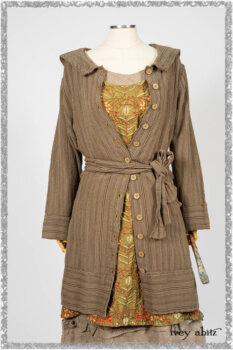 Hudson Duster Coat in Earthen Embroidered Stripe Gauze; River Frock in Woodlawn Vine Embroidered Washed Silk; Hudson Frock in Earthen Washed Stripe Linen. Ivey Abitz bespoke clothing.