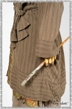 Hudson Duster Coat in Earthen Embroidered Stripe Gauze; River Frock in Woodlawn Vine Embroidered Washed Silk; Hudson Frock in Earthen Washed Stripe Linen. Ivey Abitz bespoke clothing.