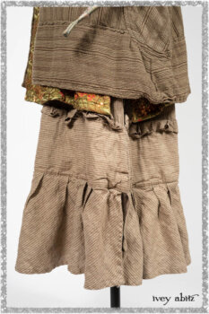 Hudson Duster Coat in Earthen Embroidered Stripe Gauze; River Frock in Woodlawn Vine Embroidered Washed Silk; Hudson Frock in Earthen Washed Stripe Linen. Ivey Abitz bespoke clothing.