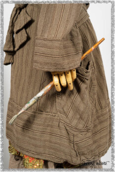 Hudson Duster Coat in Earthen Embroidered Stripe Gauze; River Frock in Woodlawn Vine Embroidered Washed Silk; Hudson Frock in Earthen Washed Stripe Linen. Ivey Abitz bespoke clothing.