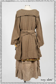 Hudson Duster Coat in Earthen Embroidered Stripe Gauze; River Frock in Woodlawn Vine Embroidered Washed Silk; Hudson Frock in Earthen Washed Stripe Linen. Ivey Abitz bespoke clothing.