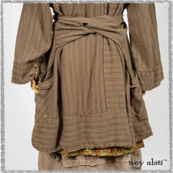 Hudson Duster Coat in Earthen Embroidered Stripe Gauze; River Frock in Woodlawn Vine Embroidered Washed Silk; Hudson Frock in Earthen Washed Stripe Linen. Ivey Abitz bespoke clothing.