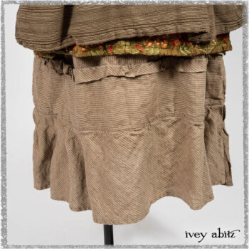 Hudson Duster Coat in Earthen Embroidered Stripe Gauze; River Frock in Woodlawn Vine Embroidered Washed Silk; Hudson Frock in Earthen Washed Stripe Linen. Ivey Abitz bespoke clothing.