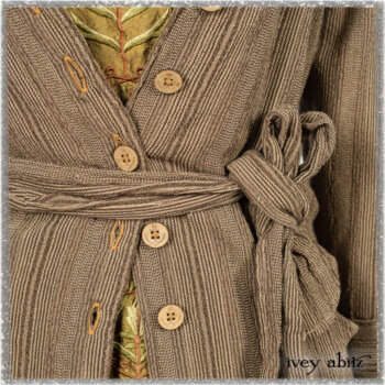 Hudson Duster Coat in Earthen Embroidered Stripe Gauze; River Frock in Woodlawn Vine Embroidered Washed Silk; Hudson Frock in Earthen Washed Stripe Linen. Ivey Abitz bespoke clothing.